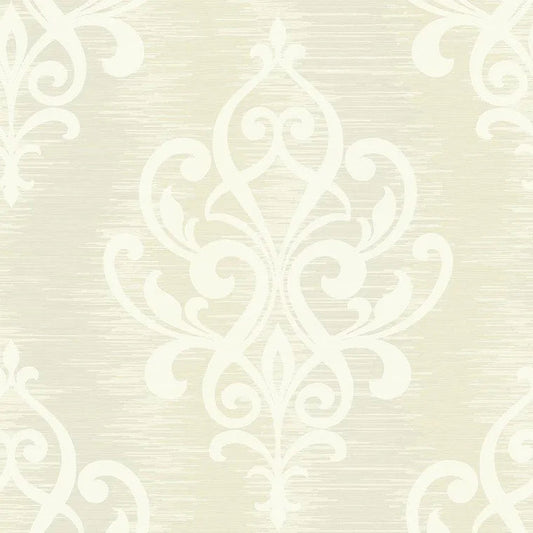 Closeup of a wallpaper showing its Cream, Damask, Neutrals pattern, color, and subtle texture.