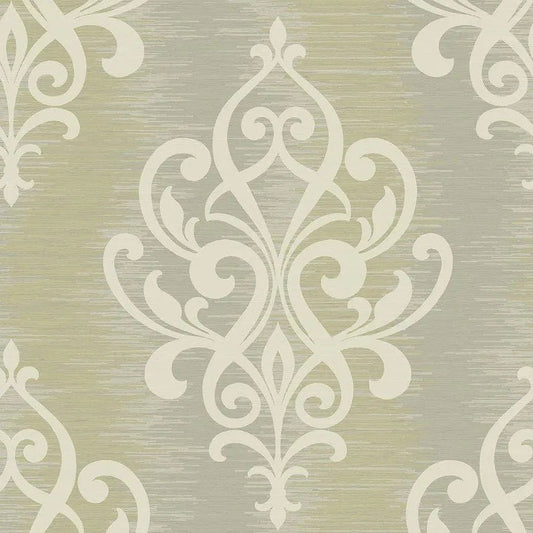Closeup of a wallpaper showing its Damask, Neutrals, Silver pattern, color, and subtle texture.