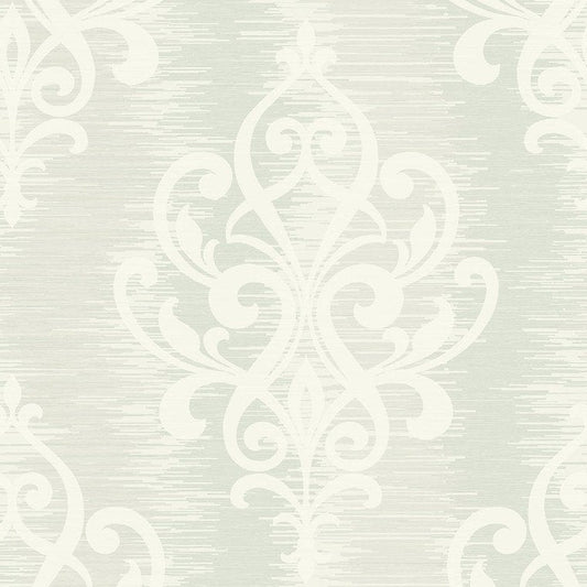 Closeup of a wallpaper showing its Damask, Silver pattern, color, and subtle texture.