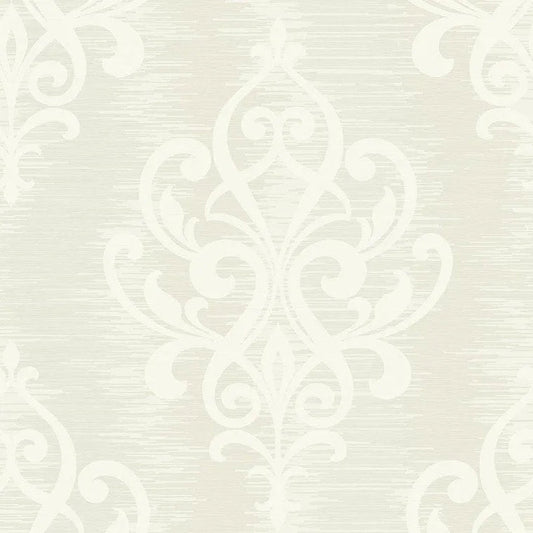 Closeup of a wallpaper showing its Cream, Damask, Neutrals pattern, color, and subtle texture.