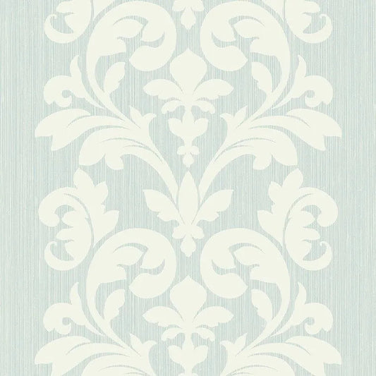 Closeup of a wallpaper showing its Damask, Green, Two-tone pattern, color, and subtle texture.