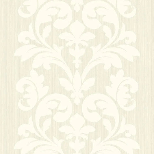 Closeup of a wallpaper showing its Cream, Damask, Neutrals, Two-tone pattern, color, and subtle texture.