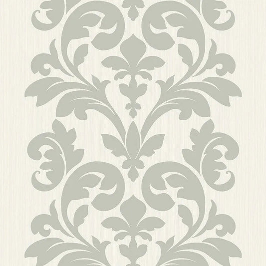 Closeup of a wallpaper showing its Damask, Neutrals, Two-tone pattern, color, and subtle texture.