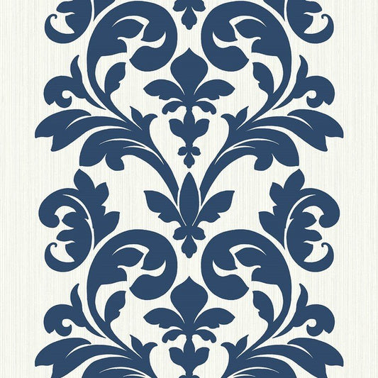 Closeup of a wallpaper showing its Blue, Damask, Two-tone pattern, color, and subtle texture.