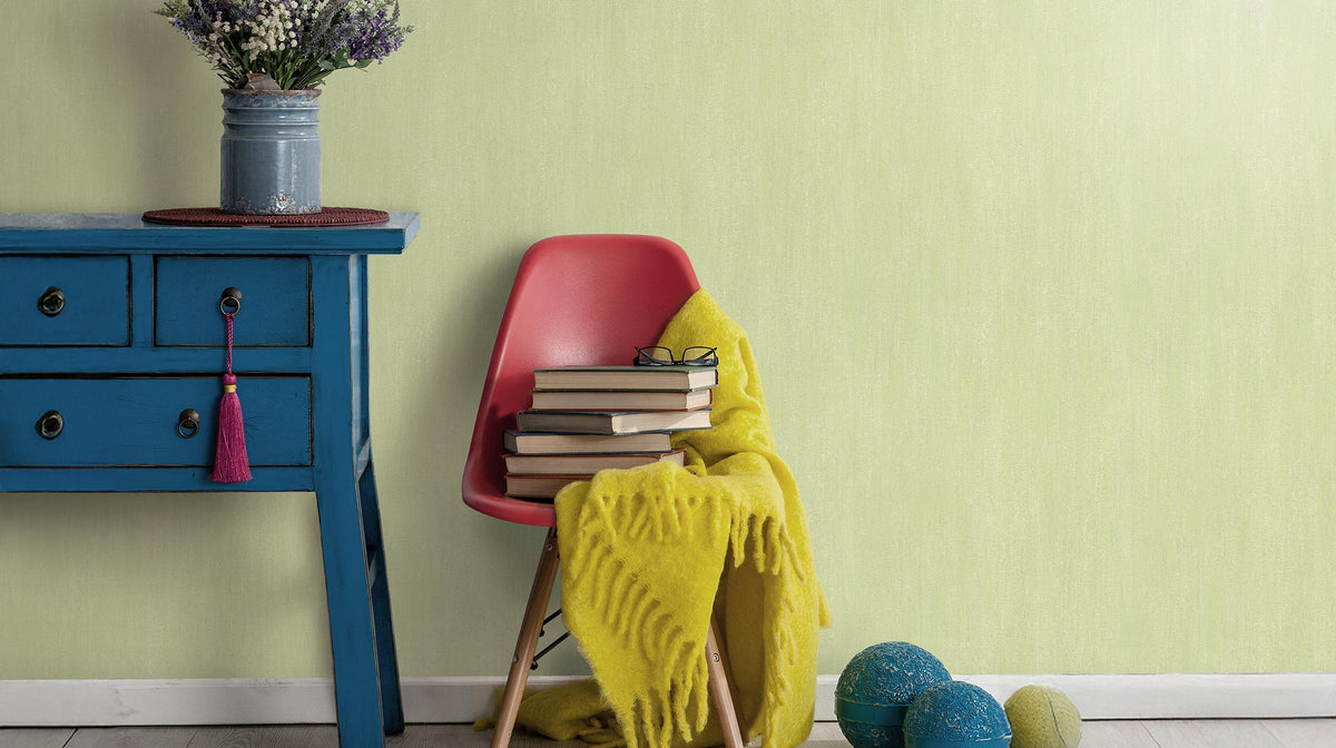 Erismann Cameo 10534-35 installed – soft sage green textured wallpaper in a modern room
