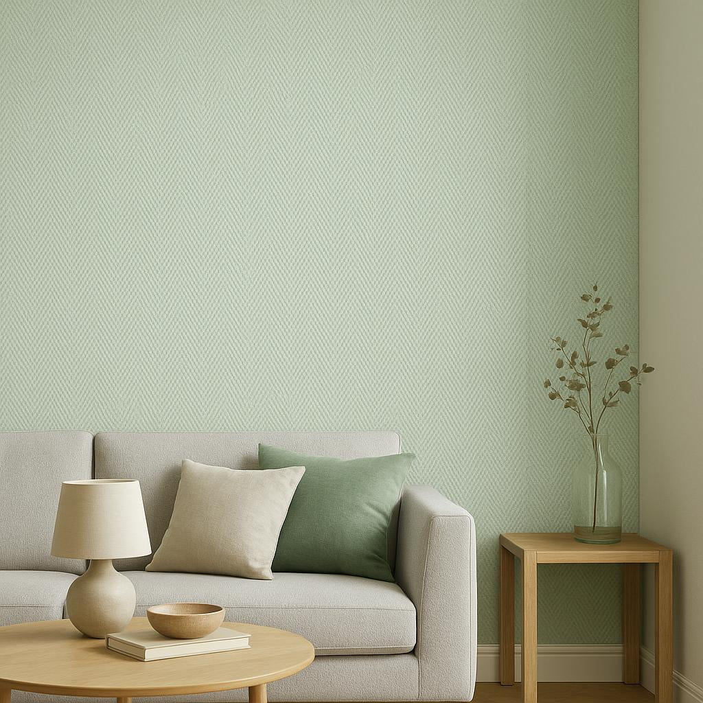 Erismann Cameo 10536-07 in sage green with a subtle fabric-effect chevron herringbone pattern.