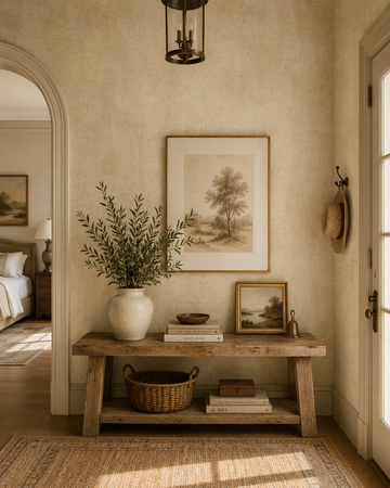 Erismann Elle Decoration 4 beige textured wallpaper with soft plaster-like finish in a traditional Spanish home