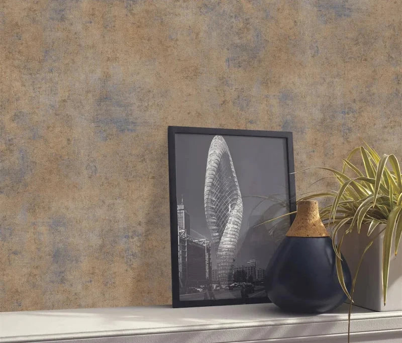 Erismann Elle Decoration 4 textured beige and taupe wallpaper in modern interior with wall shelf and a portrait