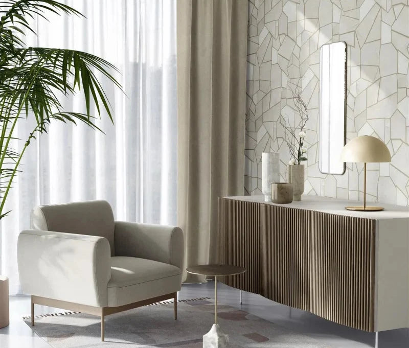Erismann Elle Decoration 4 beige geometric wallpaper with metallic gold lines and textured finish