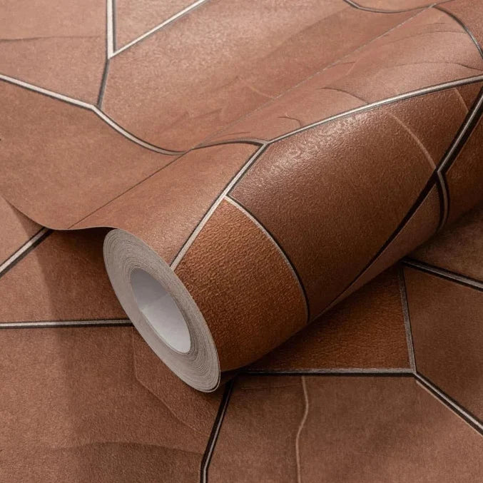 Erismann Elle Decoration 4 terracotta geometric wallpaper with textured panels and structured design roll detail