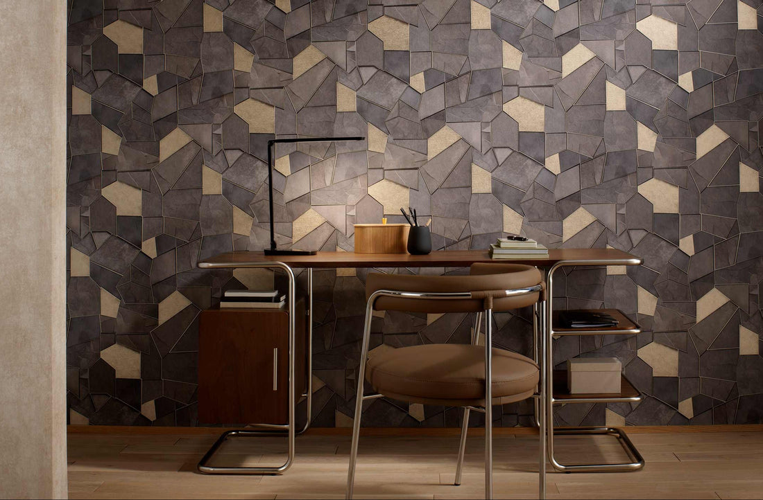 Erismann Elle Decoration 4 geometric wallpaper in dark brown and beige tones with metallic accents in modern office interior