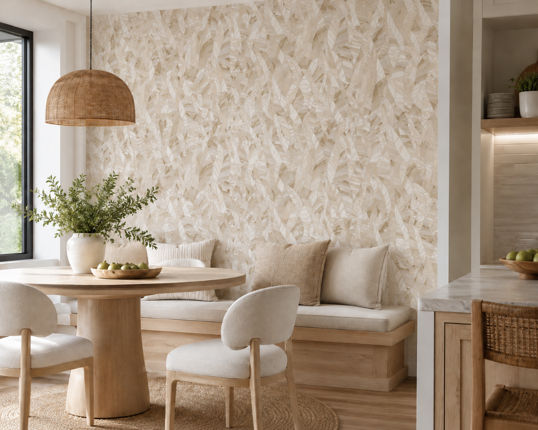 Erismann Elle Decoration 4 beige botanical wallpaper with layered leaf pattern and textured finish in warm scandinavian dinette