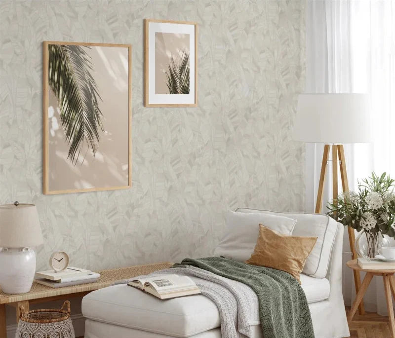 Erismann Elle Decoration 4 cream botanical wallpaper with subtle leaf pattern and textured finish in an English style sitting room