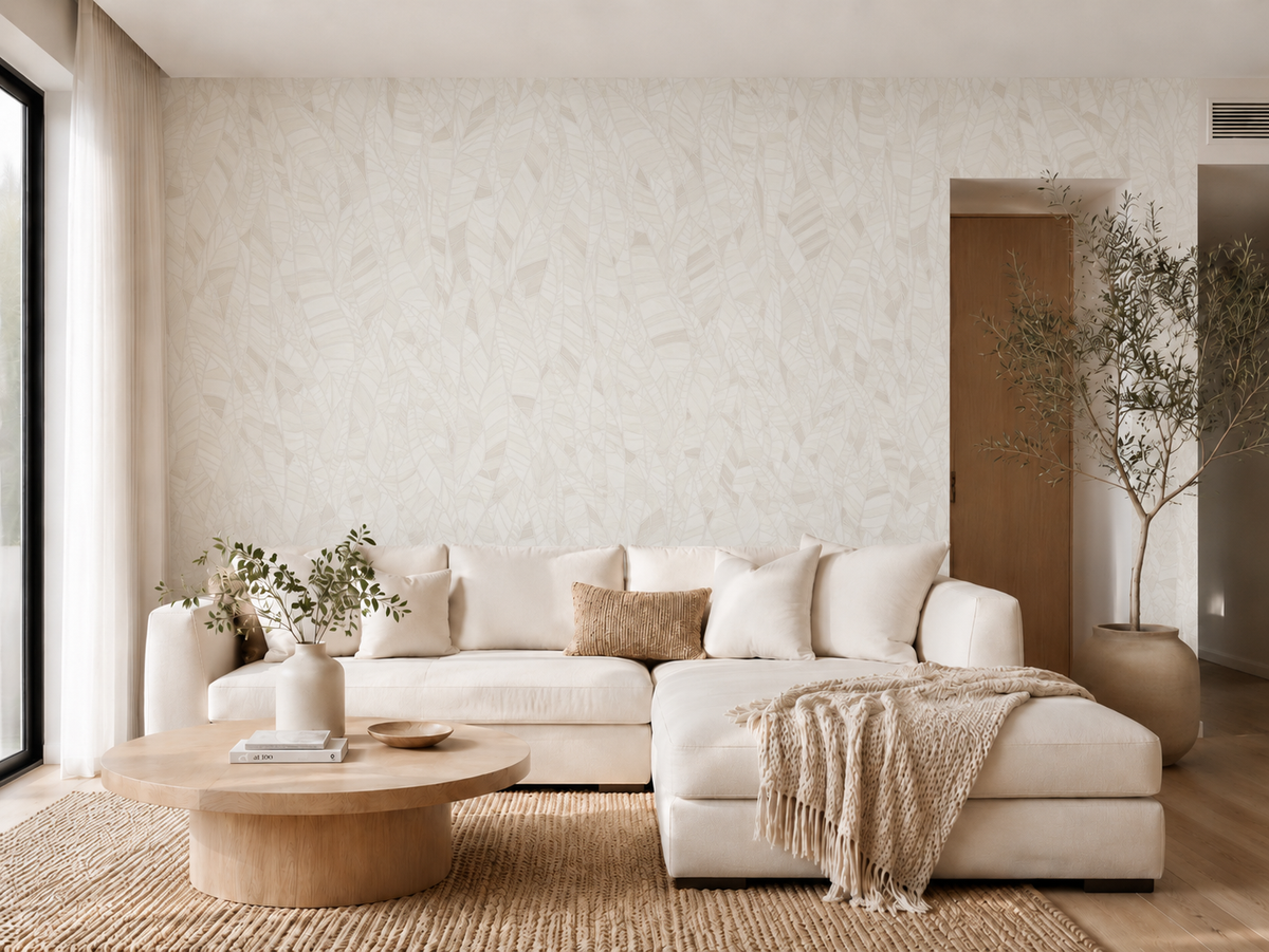 Erismann Elle Decoration 4 cream botanical wallpaper with subtle leaf pattern and textured finish in a modern light living room