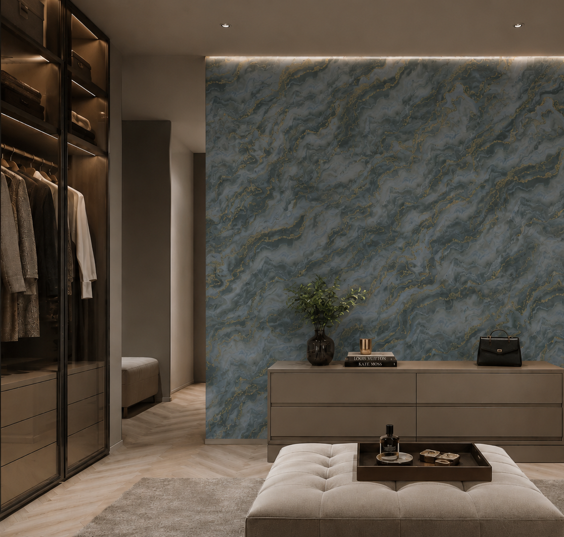 Erismann Elle Decoration 4 abstract wallpaper with grey and blue marble effect and gold accents in a modern bedroom with wardrobe and dresser.