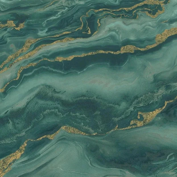 Erismann Elle Decoration 4 marble wallpaper in deep green tones with gold accents and fluid abstract pattern detail