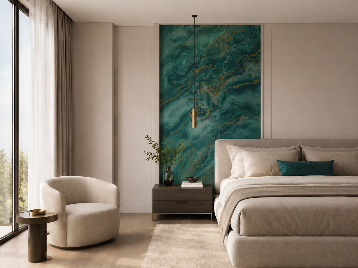 Erismann Elle Decoration 4 marble wallpaper in deep green tones with gold accents and fluid abstract pattern in a modern hotel room with a beige bed and sofa chair