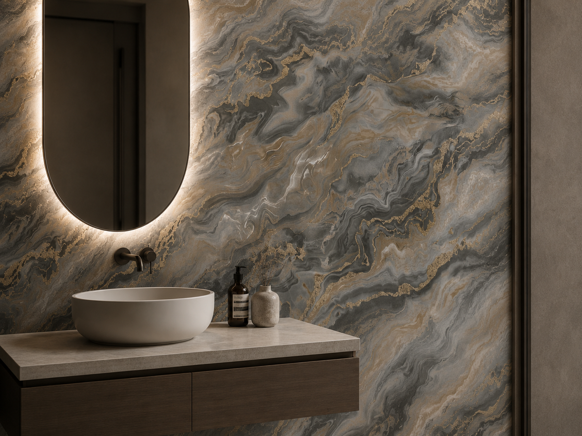 Erismann Elle Decoration 4 marble wallpaper in grey and taupe tones with gold accents and fluid abstract pattern in a modern elegant bathroom