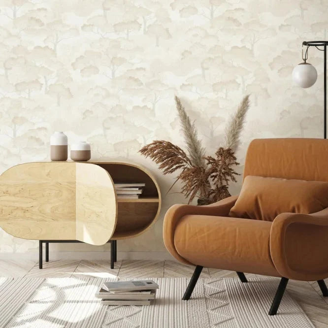 Erismann Elle Decoration 4 light scenic wallpaper with layered trees in warm cream tones