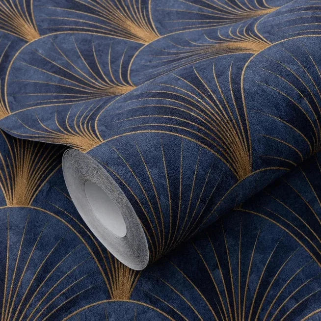 Erismann Elle Decoration Art Deco fan wallpaper in deep navy and gold tones roll detail