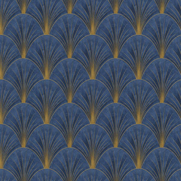 Erismann Elle Decoration Art Deco fan wallpaper in deep navy and gold tones