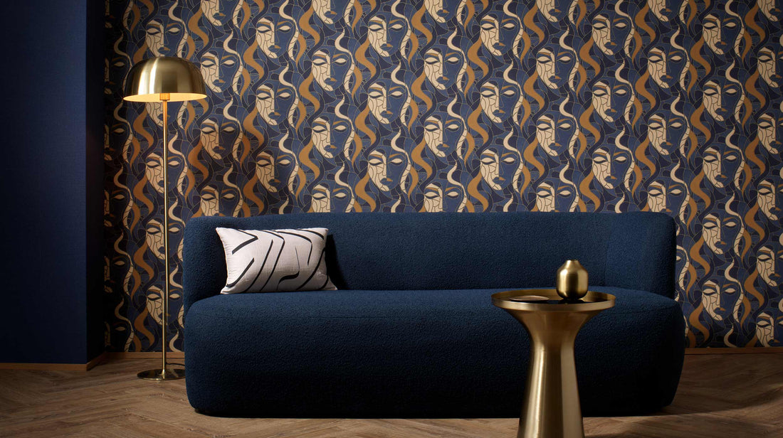 Erismann Elle Decoration abstract face wallpaper in navy blue and gold tones with Art Deco design