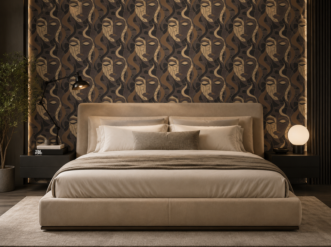 Erismann Elle Decoration abstract face wallpaper in dark brown and beige tones with Art Deco styling