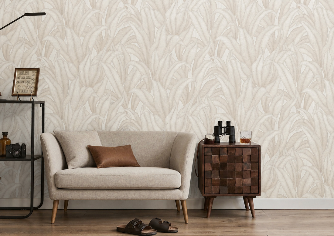 Erismann Fashion For Walls 4 10371-26 non-woven wallpaper with layered leafy motif in warm cream and taupe on a subtle linen-look ground.