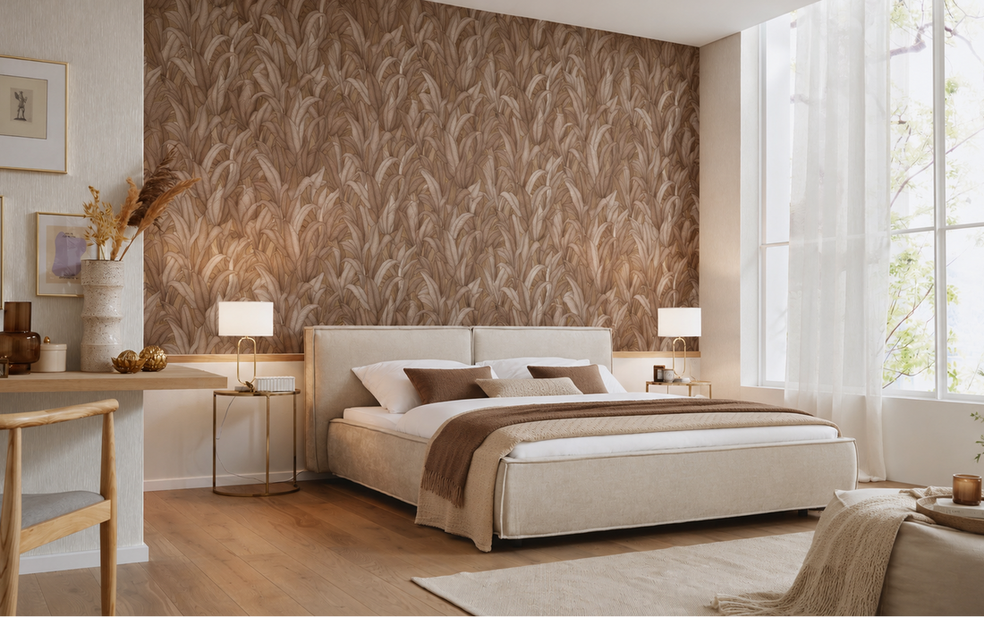 Erismann Fashion For Walls 4 10371-48 brown leafy wallpaper swatch with layered botanical pattern.