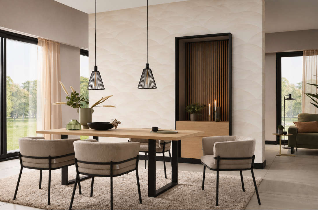 Close-up of Erismann Fashion For Walls 4 10372-02 beige geometric wave wallpaper with subtle embossed texture.
