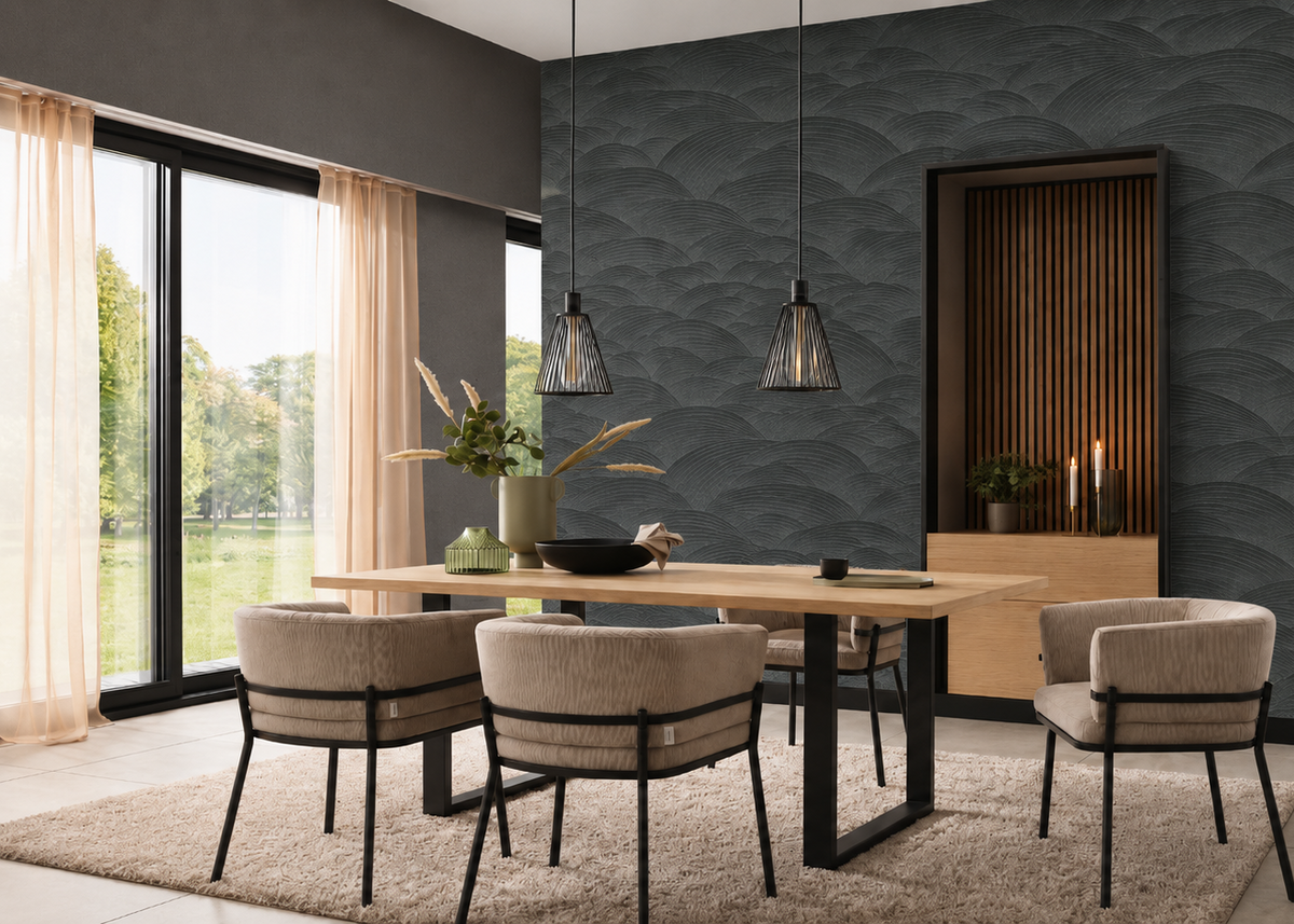 Erismann 10372-15 black geometric wallpaper in a modern dining room