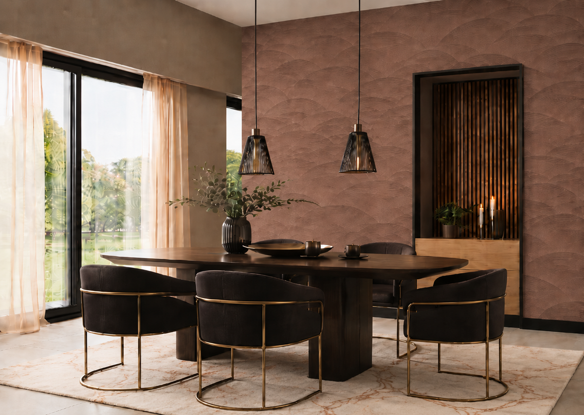 Erismann Fashion For Walls 4 10372-48 wallpaper modern lounge with a patterned feature wall, dining table and upholstered chairs with metal frames, pendant lights, sheer curtains, a niche with candles and a plant, creating a calm sophisticated feel.