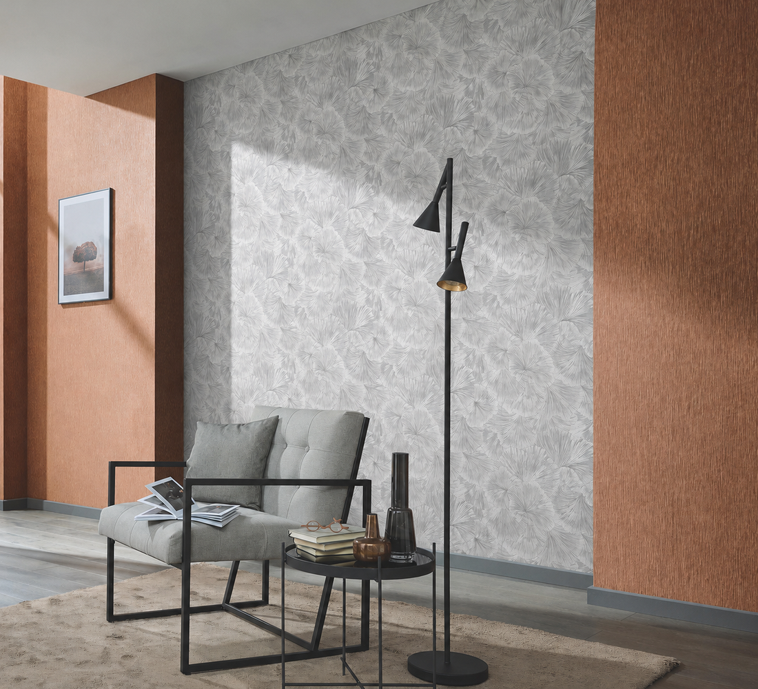 Erismann Fashion For Walls 4 10373-10 grey ginkgo leaf botanical wallpaper with fine linework.