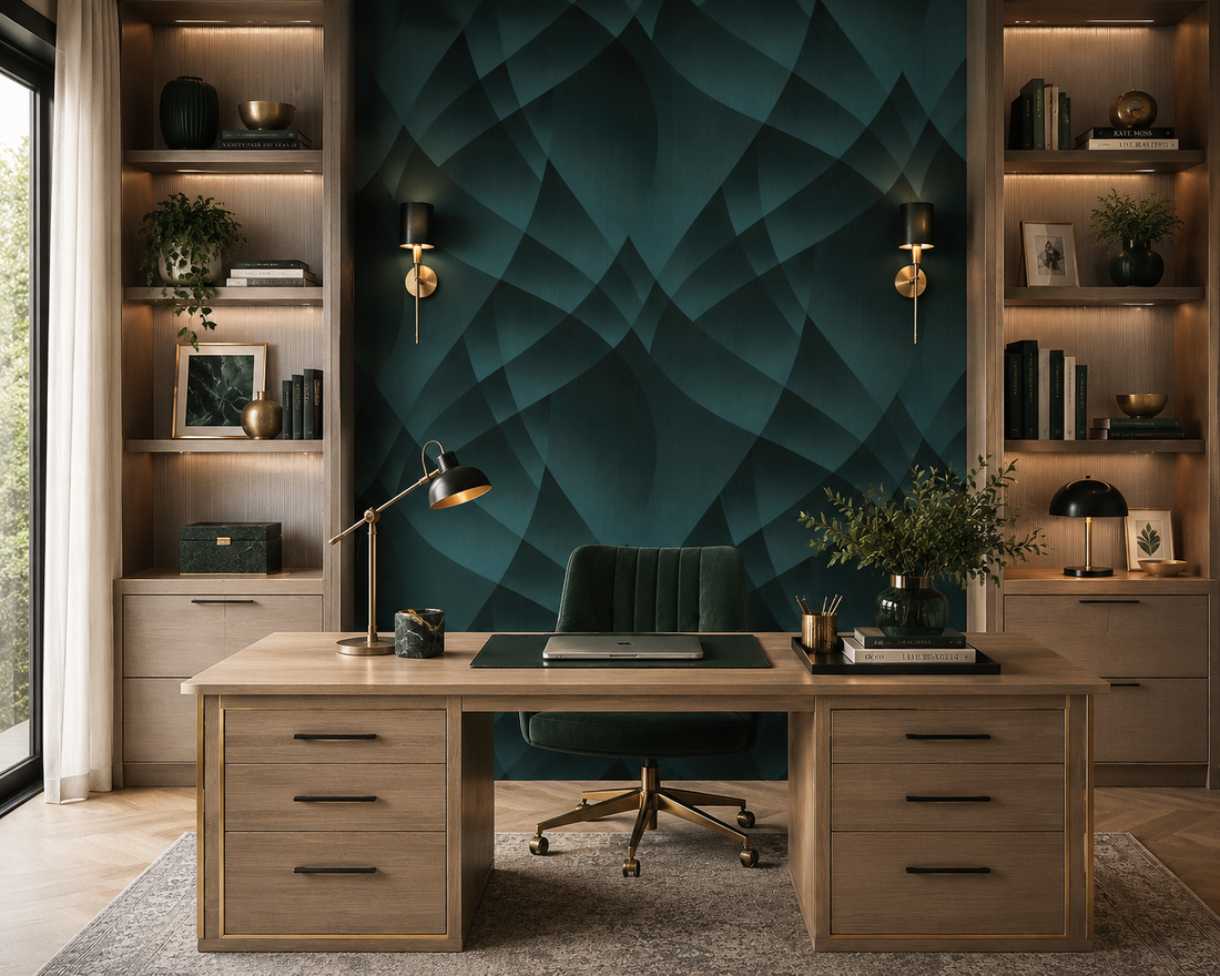 Erismann Fashion For Walls 4 10374-18 teal geometric wallpaper with layered curved forms and subtle vertical striation.