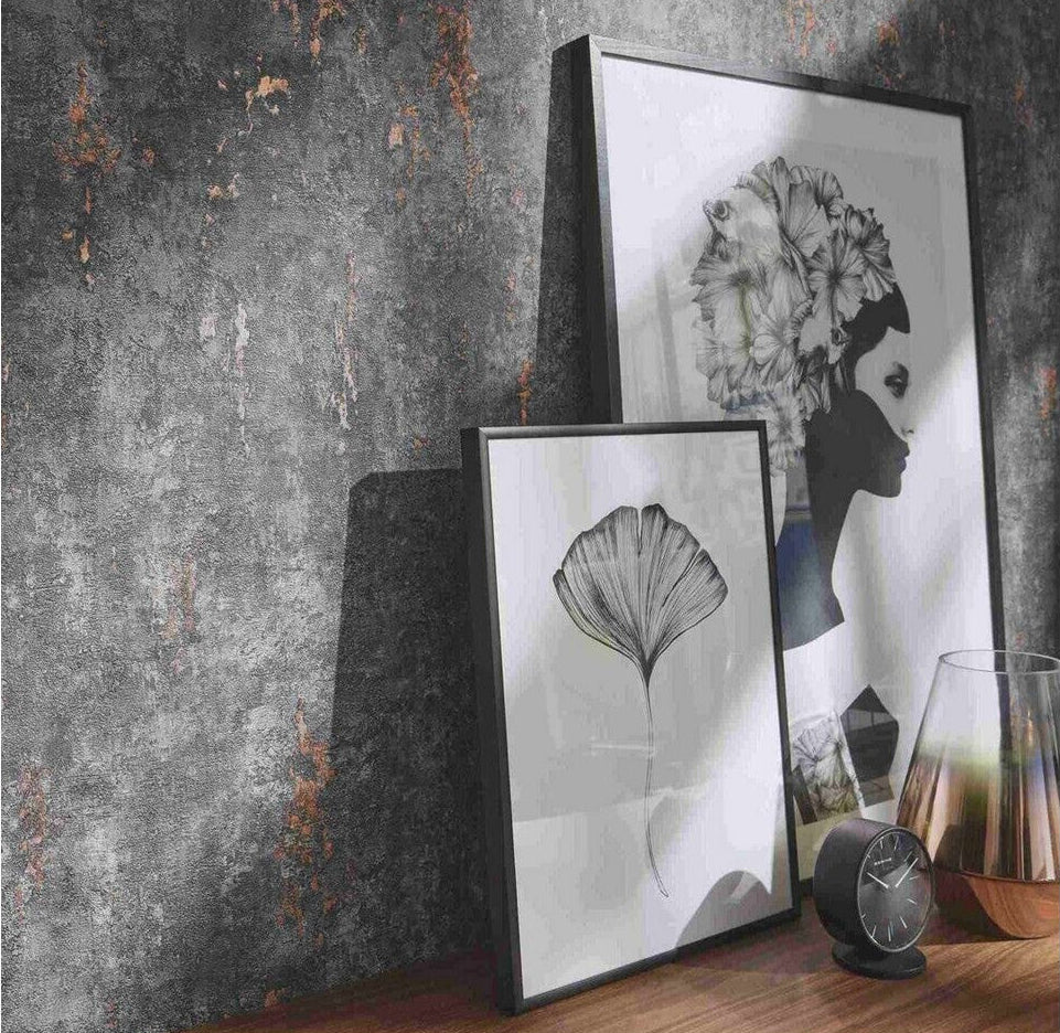 Erismann 10375-47 charcoal concrete-effect non-woven wallpaper with rusted highlights.