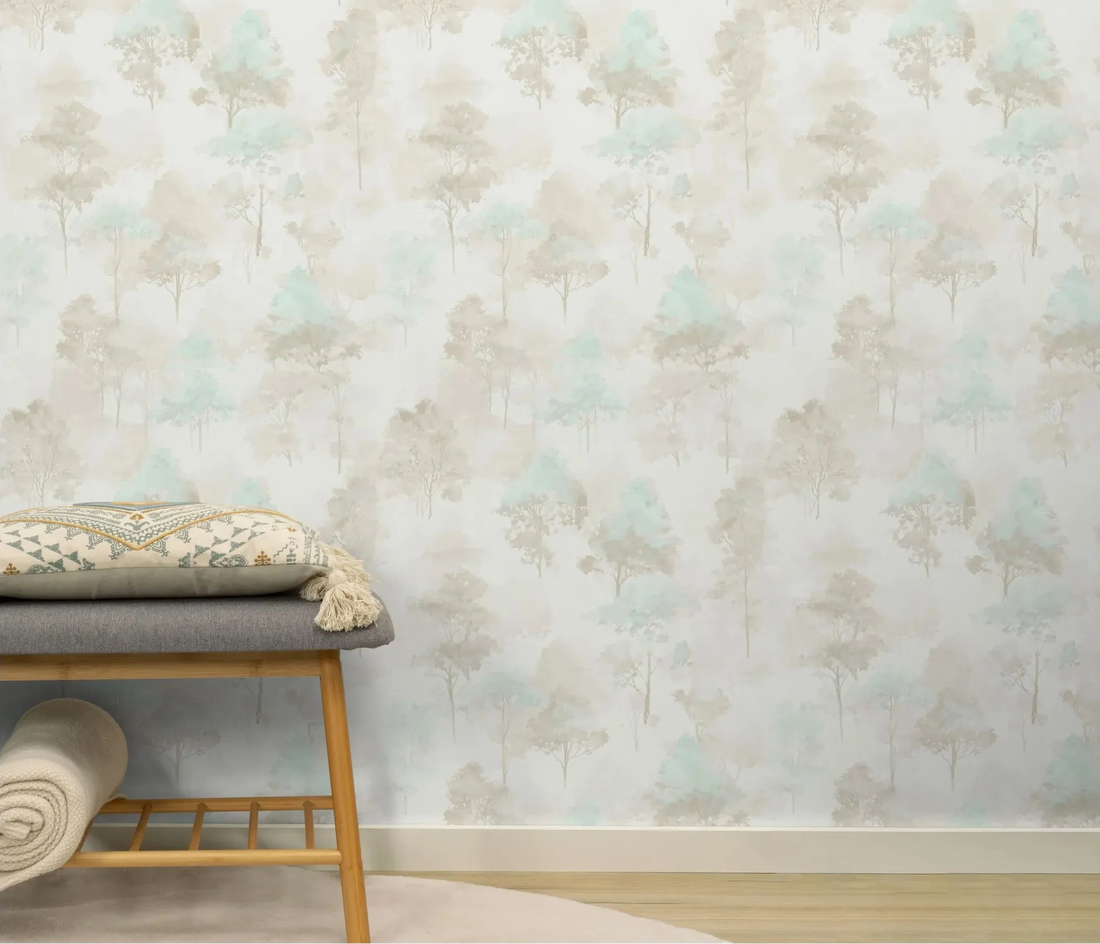 Erismann Forest Dreams 10557-02 wallpaper with misty beige and mint watercolor trees