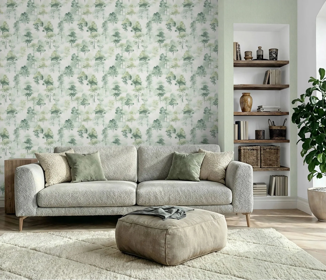 Erismann Forest Dreams 10557-07 wallpaper with watercolor trees in soft sage greens on a linen-like ground.