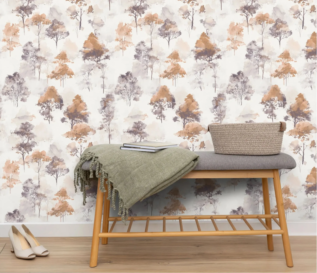 Erismann Forest Dreams 10557-11 wallpaper with watercolor trees in warm beige and soft grey on an airy light ground.