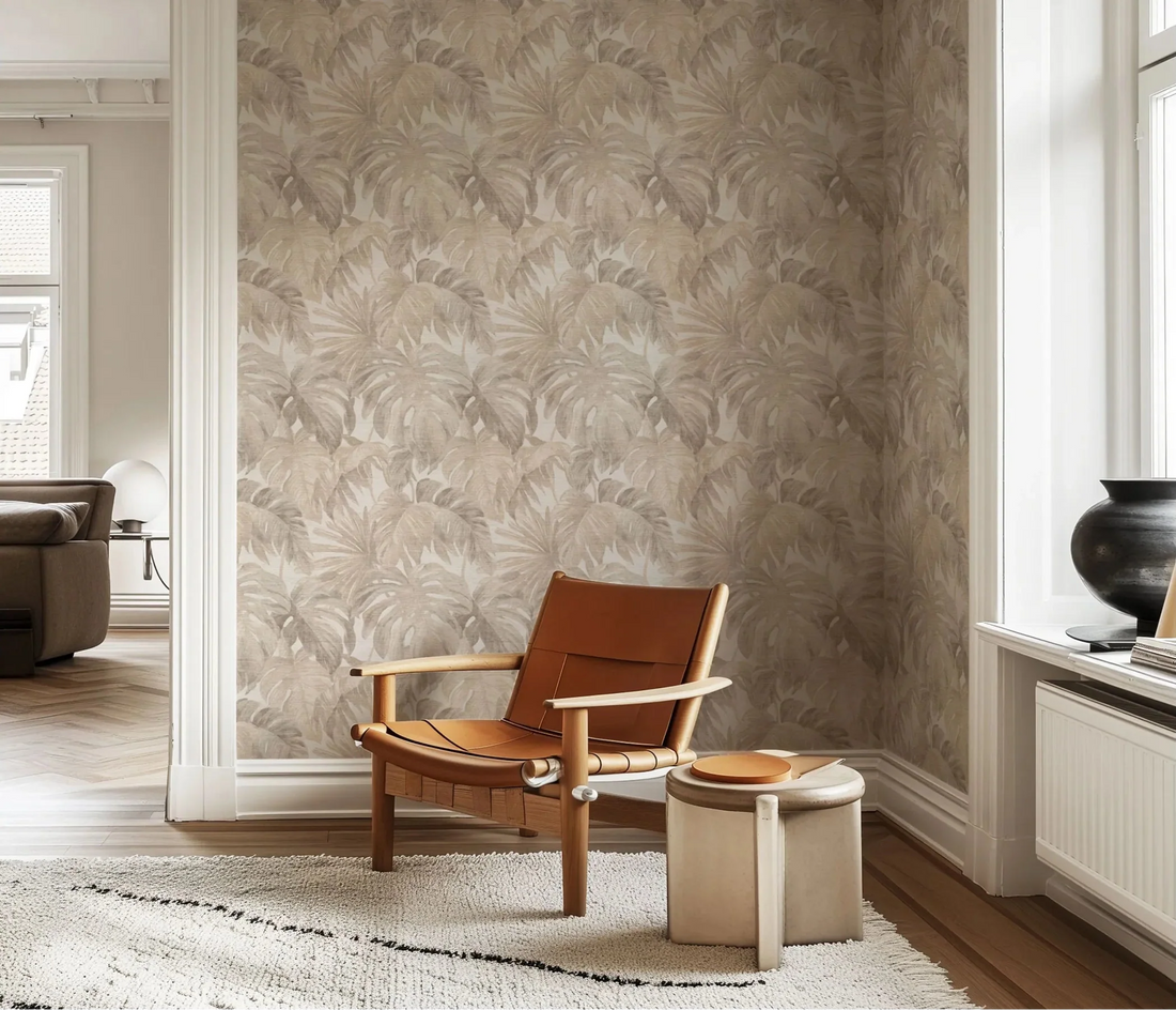 Erismann Forest Dreams 10558-02 beige palm leaf non-woven wallpaper with linen-like texture