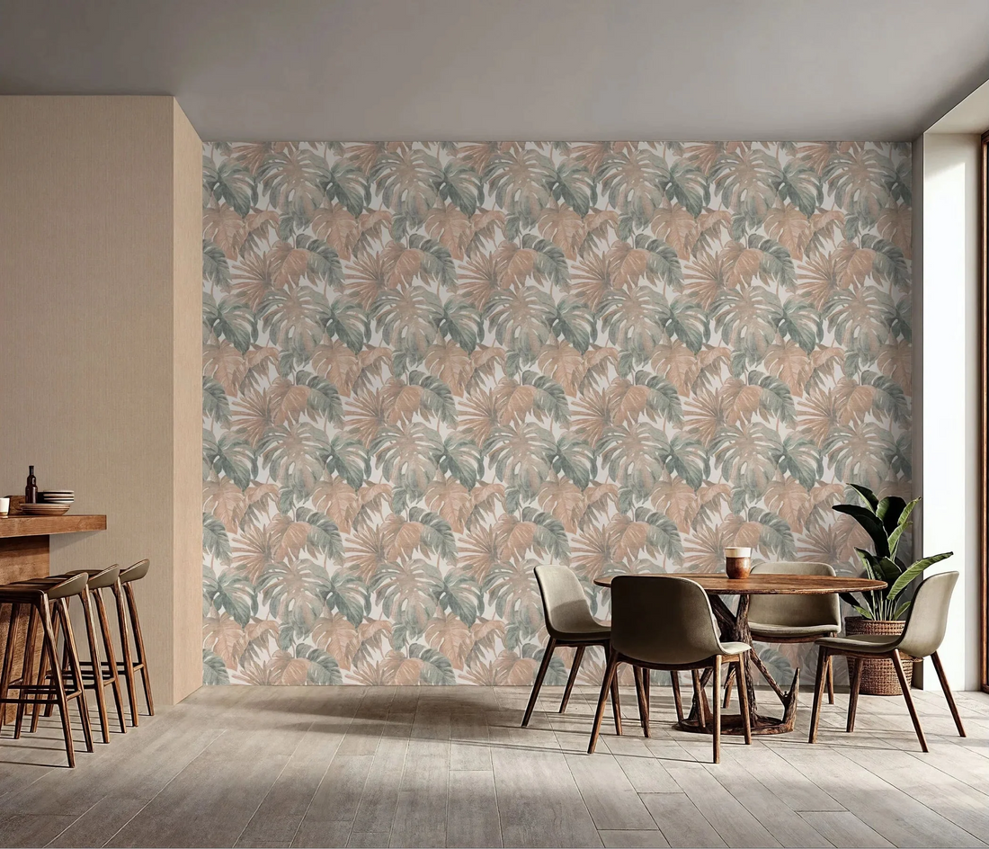 Erismann Forest Dreams 10558-11 non-woven wallpaper with oversized sage and warm beige palm and monstera leaves on a linen-look ground.