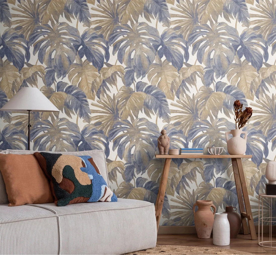Erismann Forest Dreams 10558-44 blue and beige palm leaf non-woven wallpaper with linen-look texture