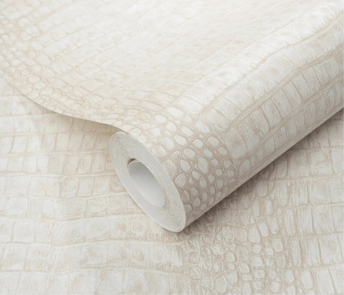 Erismann Forest Dreams 10560-02 wallpaper roll close-up with pale textured crocodile skin pattern and subtle raised lines.