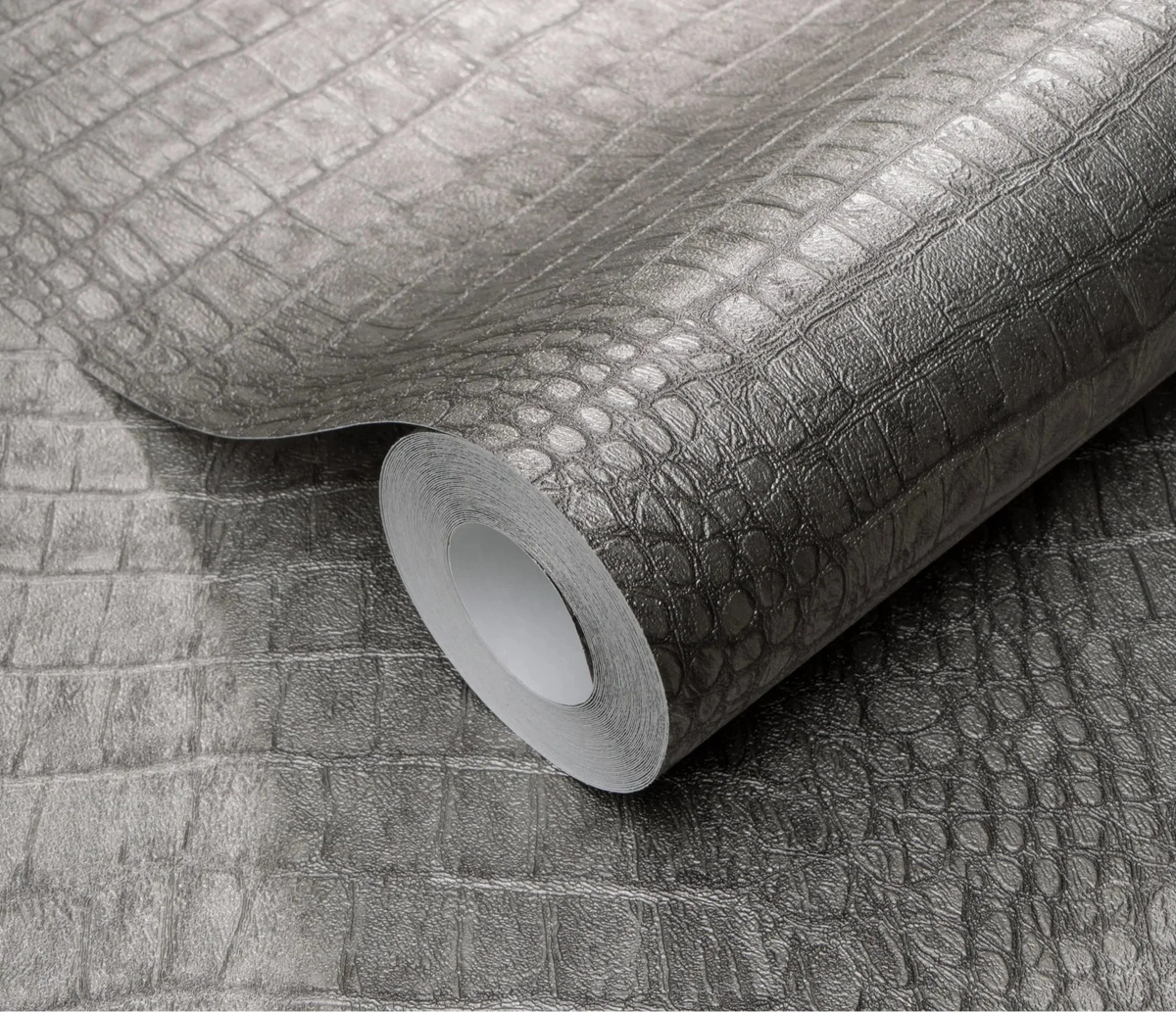 Erismann Forest Dreams 10560-37 wallpaper rolled crocodile-textured surface with embossed metallic sheen.