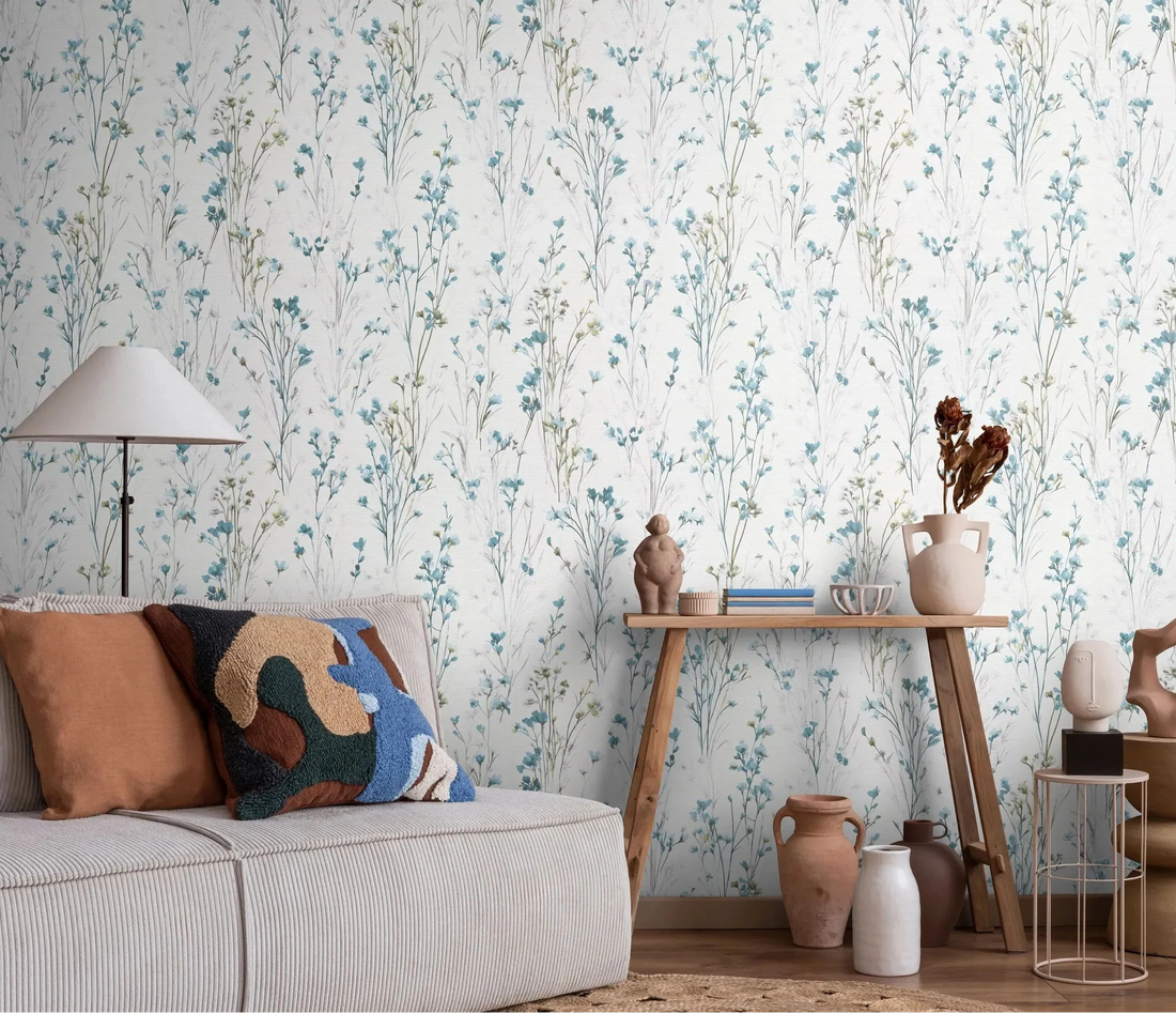 Turquoise meadow floral wallpaper by Erismann on a soft white, linen-like ground, pattern 10561-18.