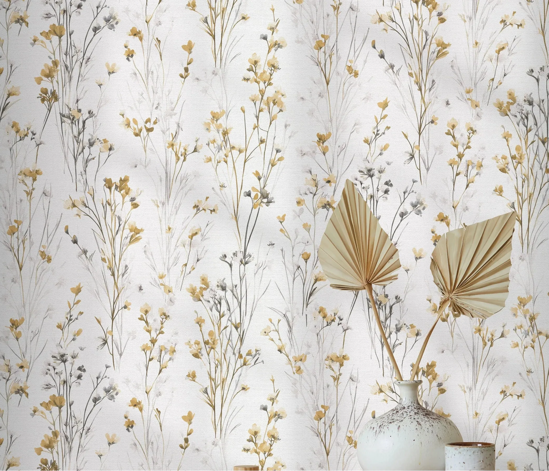 Erismann Forest Dreams 10561-20 wallpaper with yellow and grey watercolor wildflowers on a white linen-like ground.