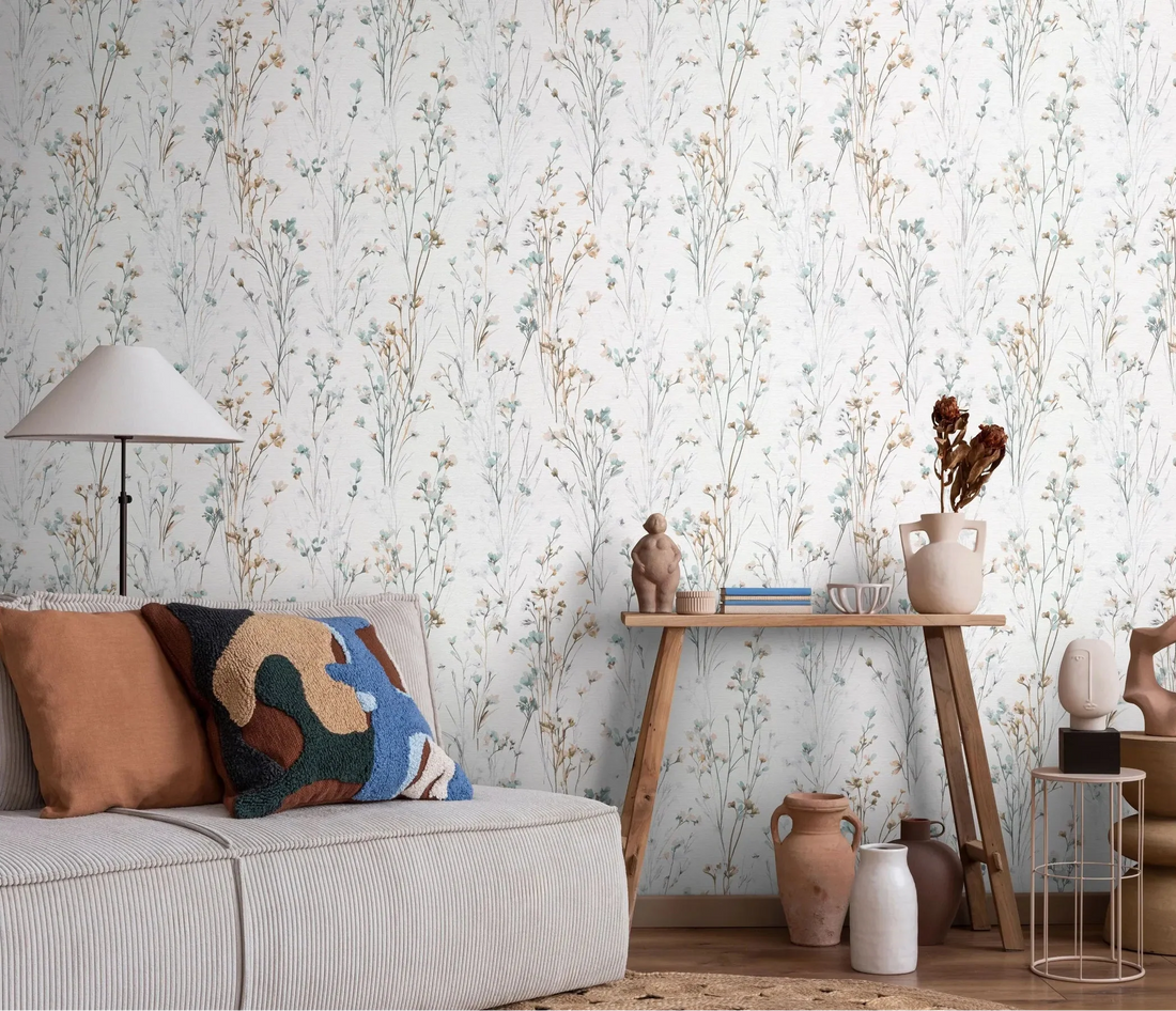 Erismann Forest Dreams 10561-35 wallpaper with airy watercolor meadow florals in turquoise and warm neutrals on a soft white background.