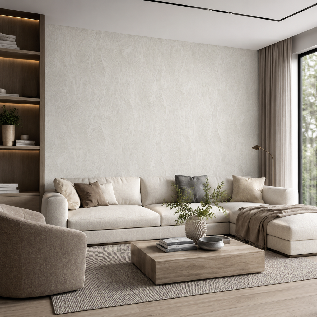 Erismann Opus 10439-31 soft white textured wallpaper in a calm modern living room with a cream sectional sofa, warm wood shelving, neutral pillows, and contemporary decor.