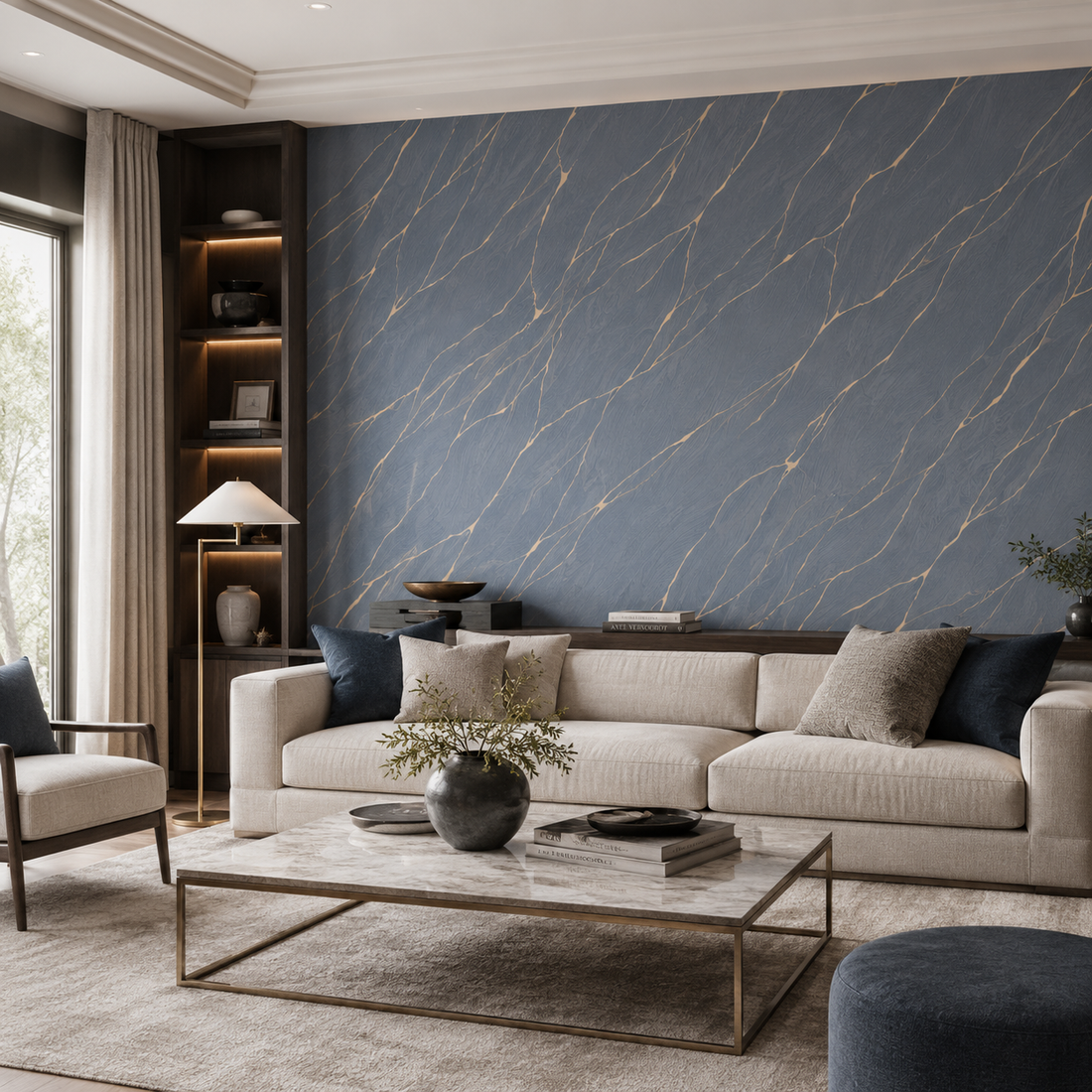 Erismann Opus 10440-08 deep navy wallpaper with warm tan stone-like veining in a modern abstract pattern.