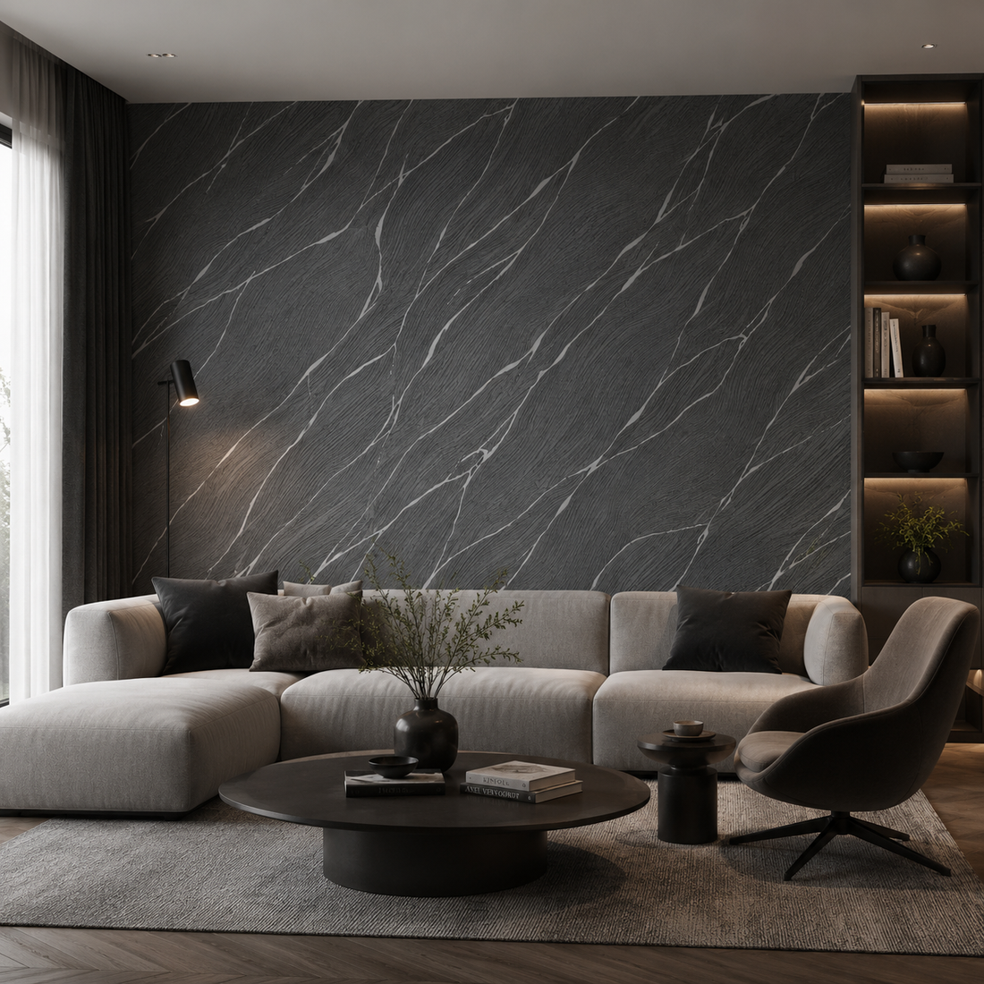 Erismann Opus 10440-15 wallpaper in deep charcoal with sweeping stone-like diagonal veining.