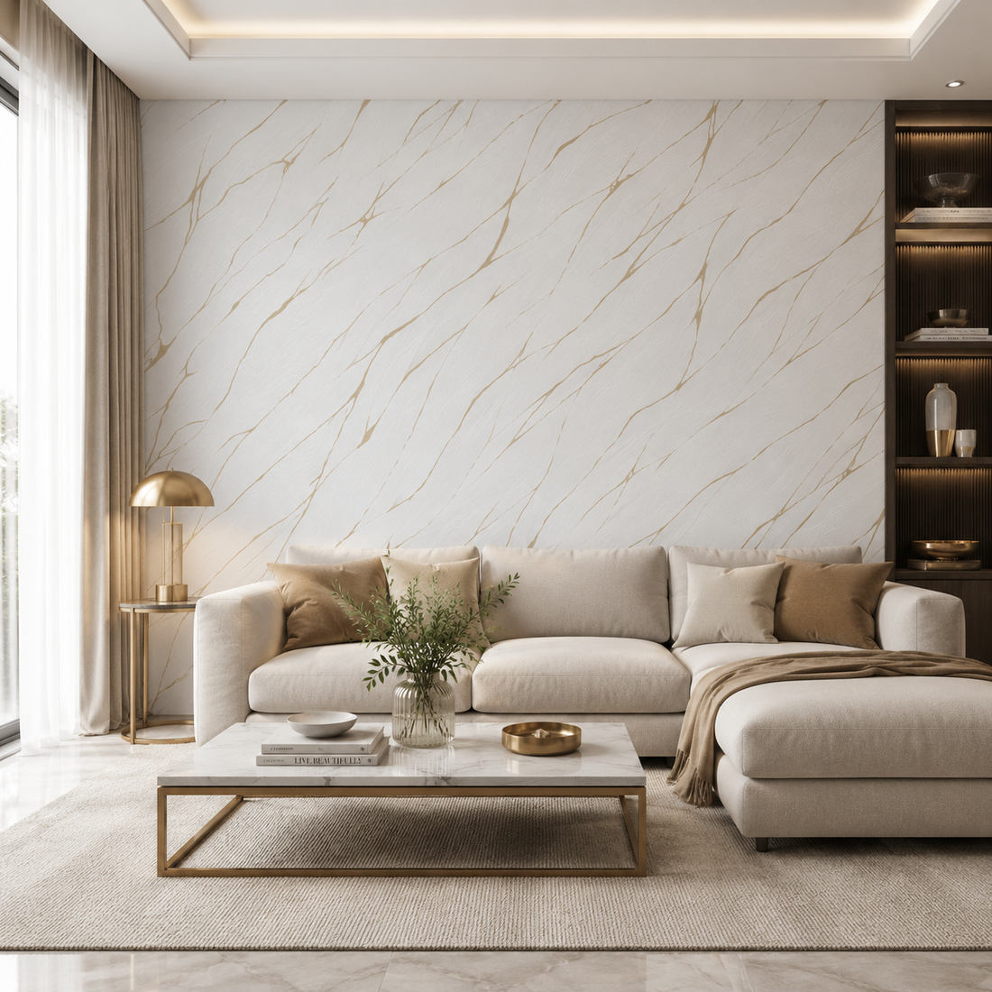 Erismann Opus 10440-31 wallpaper in soft white with warm beige stone-vein lines and subtle embossing